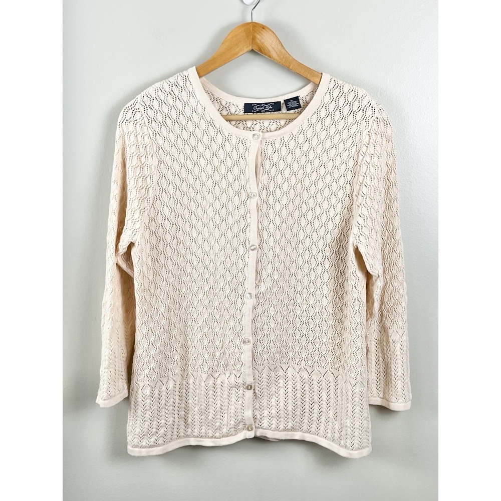 Crystal-Kobe Women's XL Button-up Cardigan Crochet Grandma Core Ivory